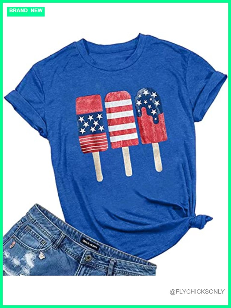 Patriotic American Flag Popsicle Graphic Tee Short Sleeve Summer Casual Top
